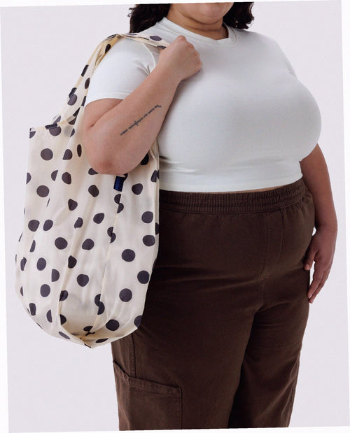 Big Baggu Reusable Nylon Shopping Bag - Cream and Black Polka Dot
