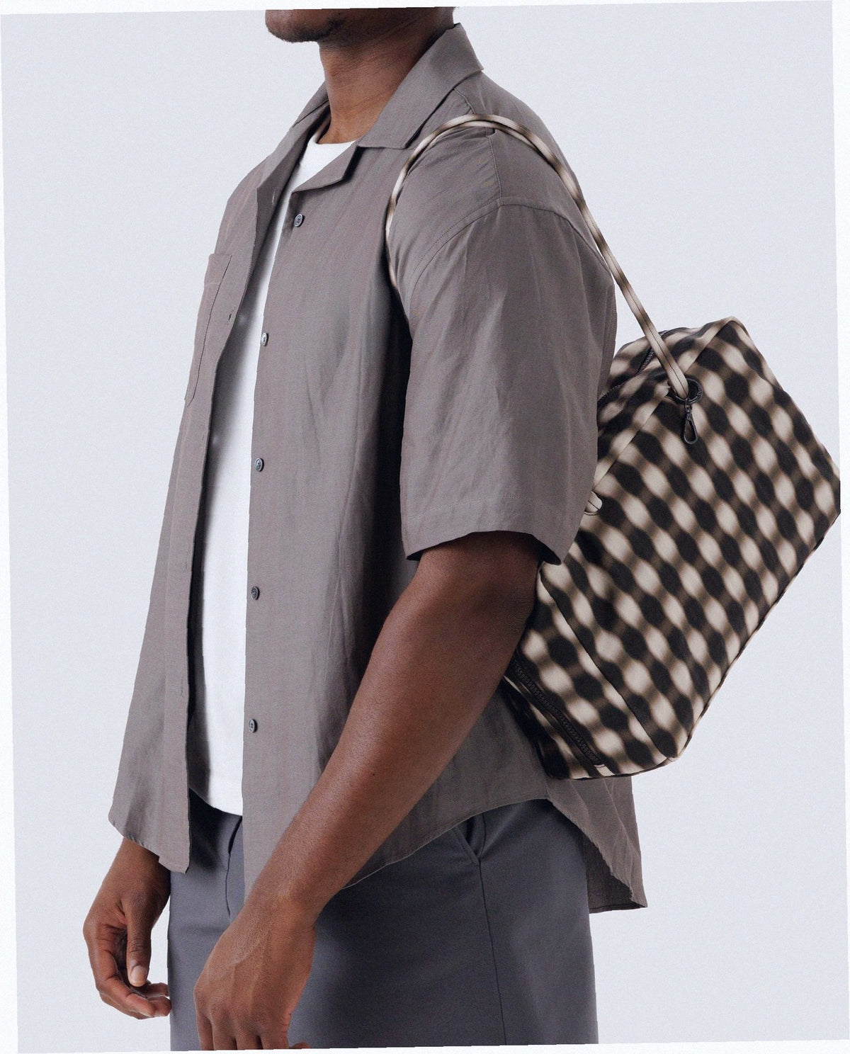 Medium Nylon Bowler Bag - Blurred Gingham Brown