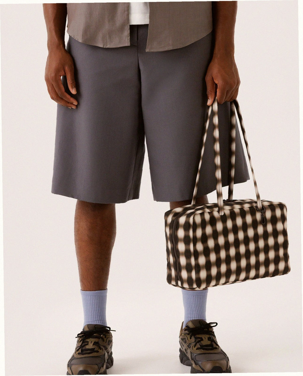 Medium Nylon Bowler Bag - Blurred Gingham Brown