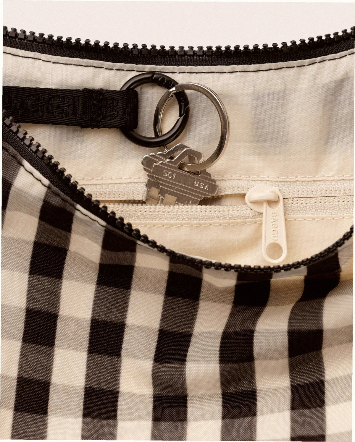 Medium Nylon Crescent Shoulder Bag - Black And Cream Gingham