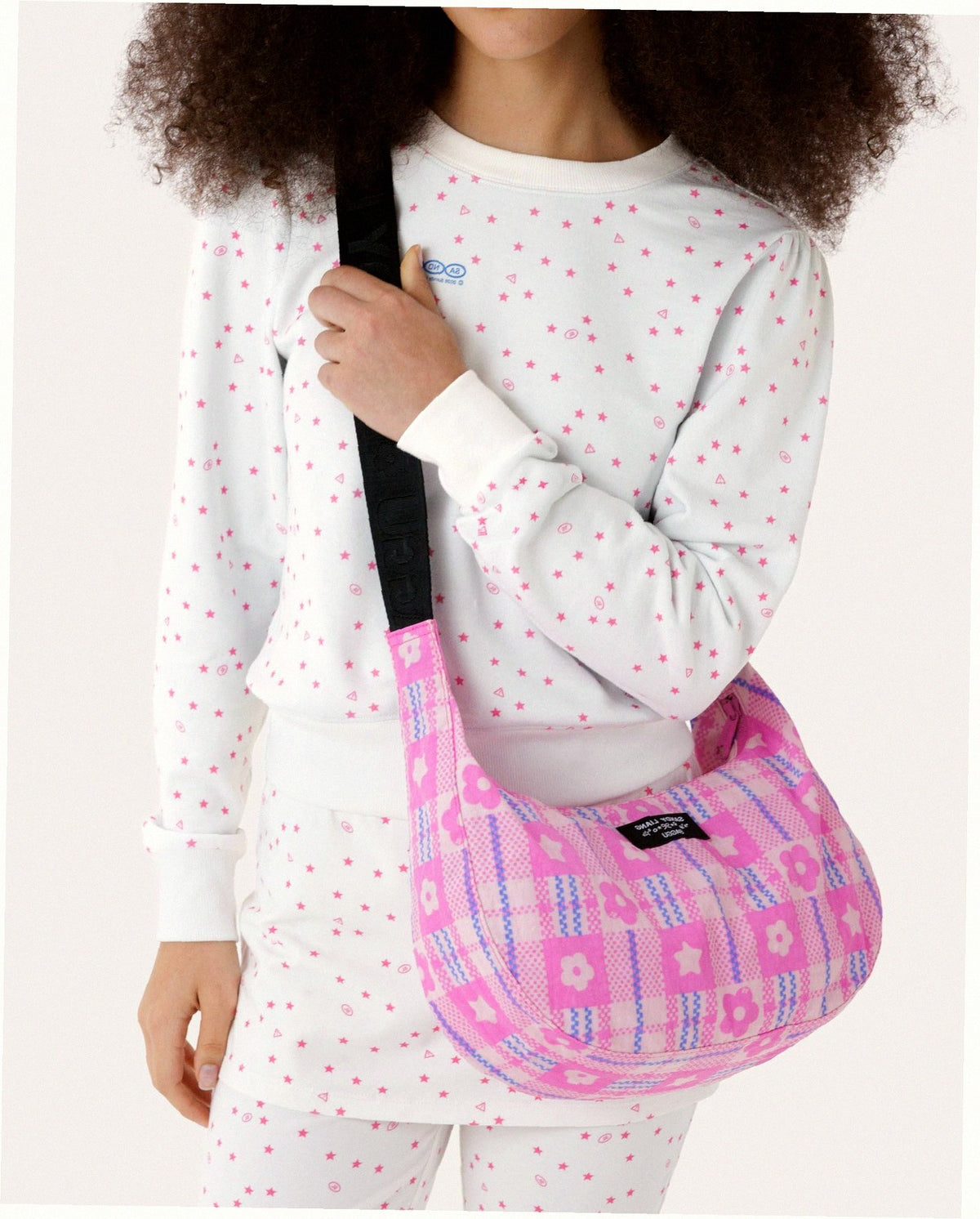 Medium Nylon Crescent Shoulder Bag - Market Plaid Pink