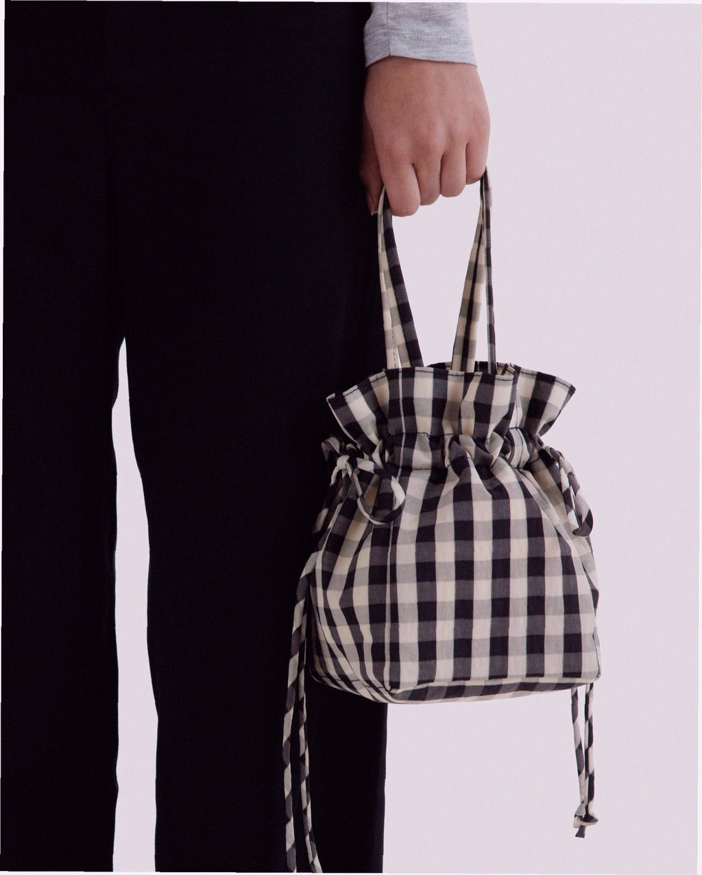 Nylon Drawstring Bag - Black And Cream Gingham