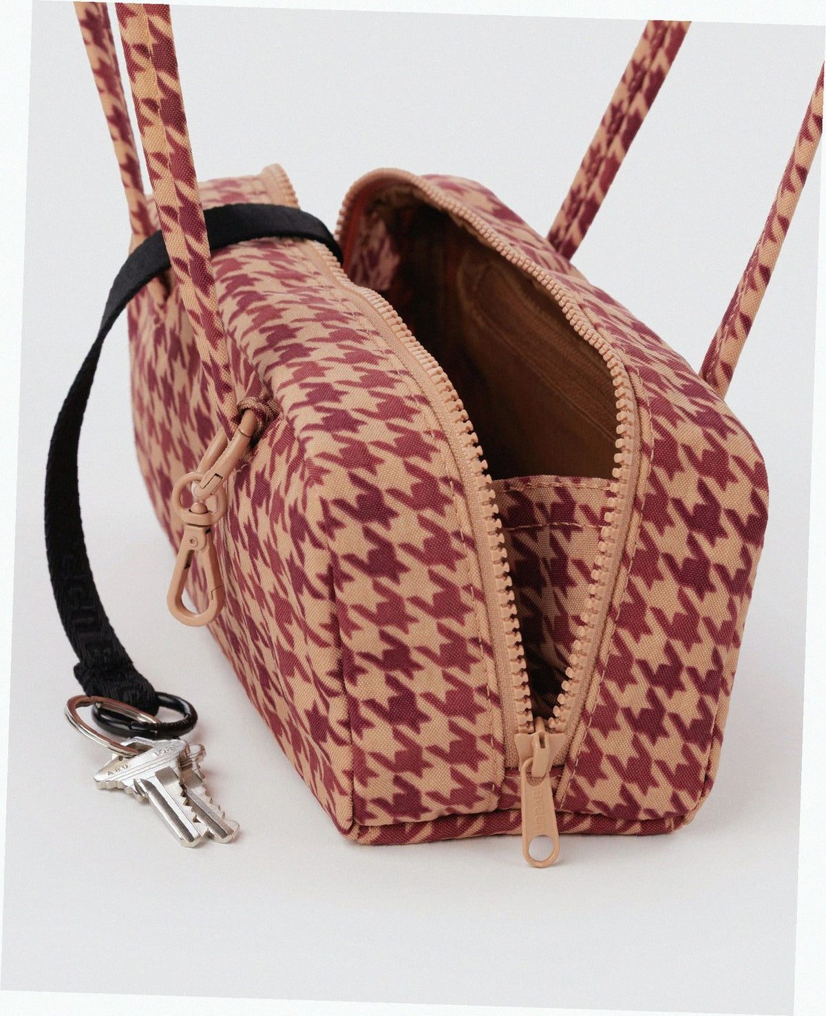 Small Nylon Bowler Bag - Tan Houndstooth
