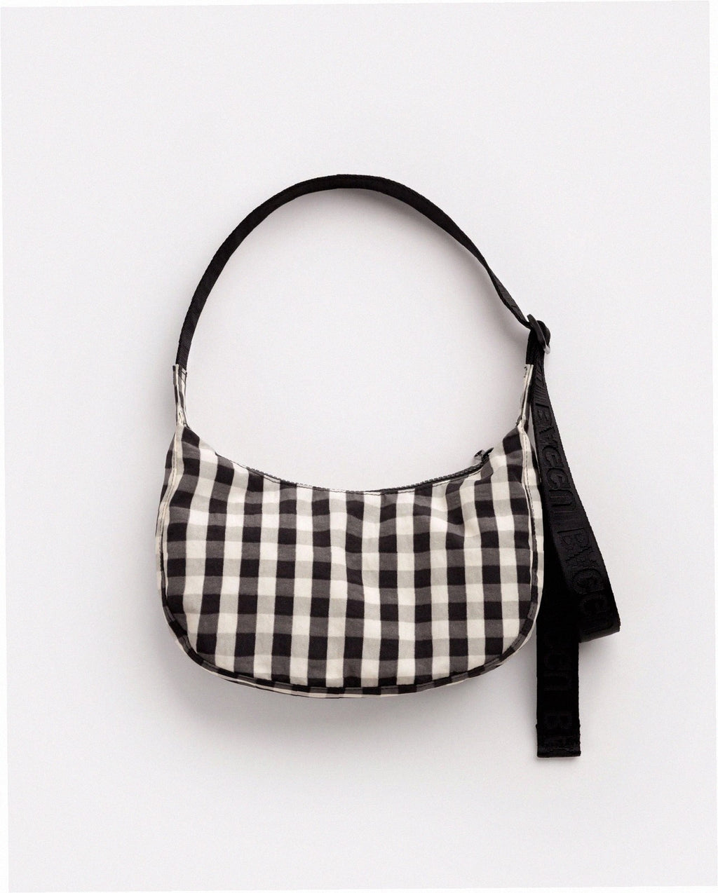 Small Nylon Crescent Shoulder Bag - Black And Cream Gingham