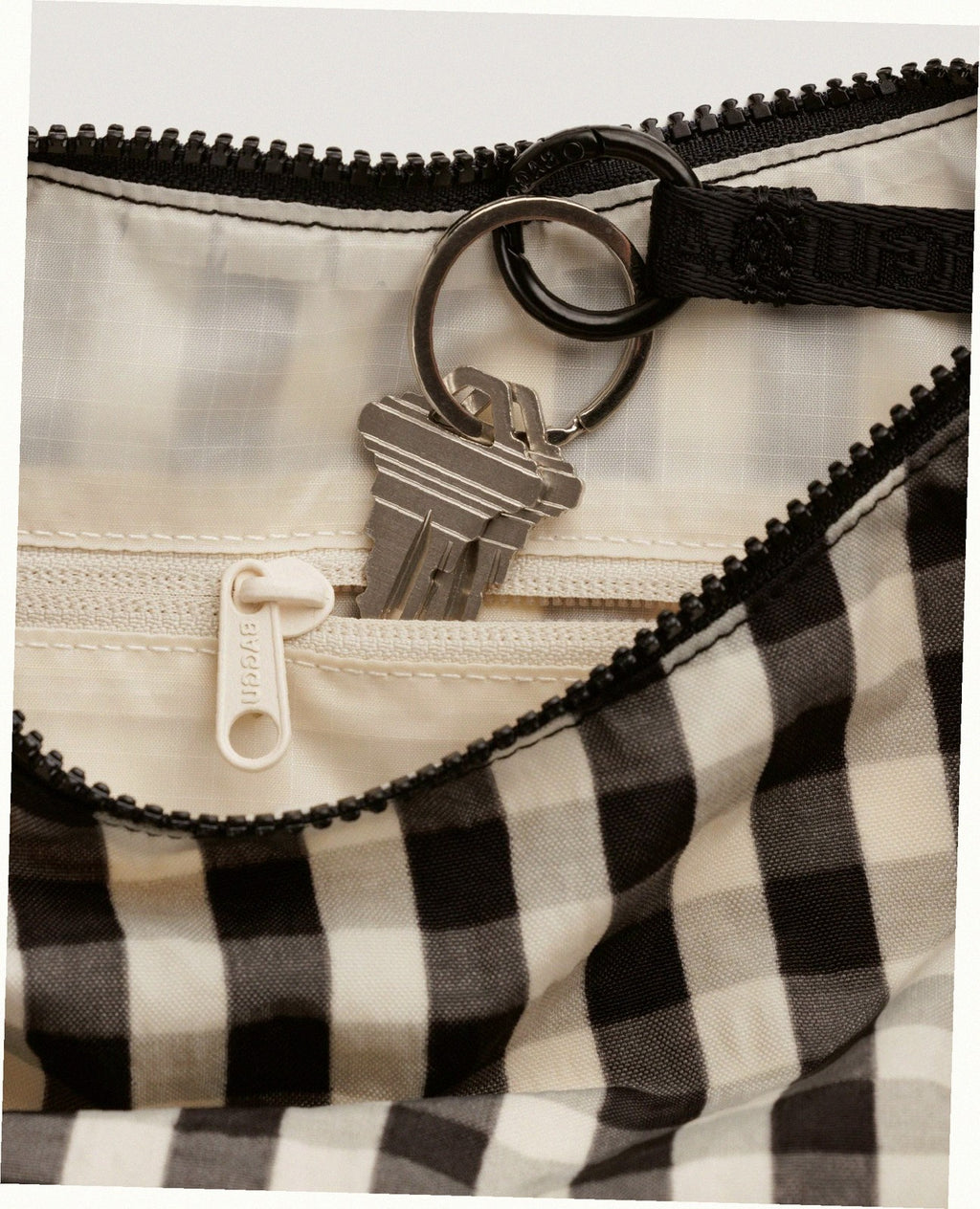 Small Nylon Crescent Shoulder Bag - Black And Cream Gingham