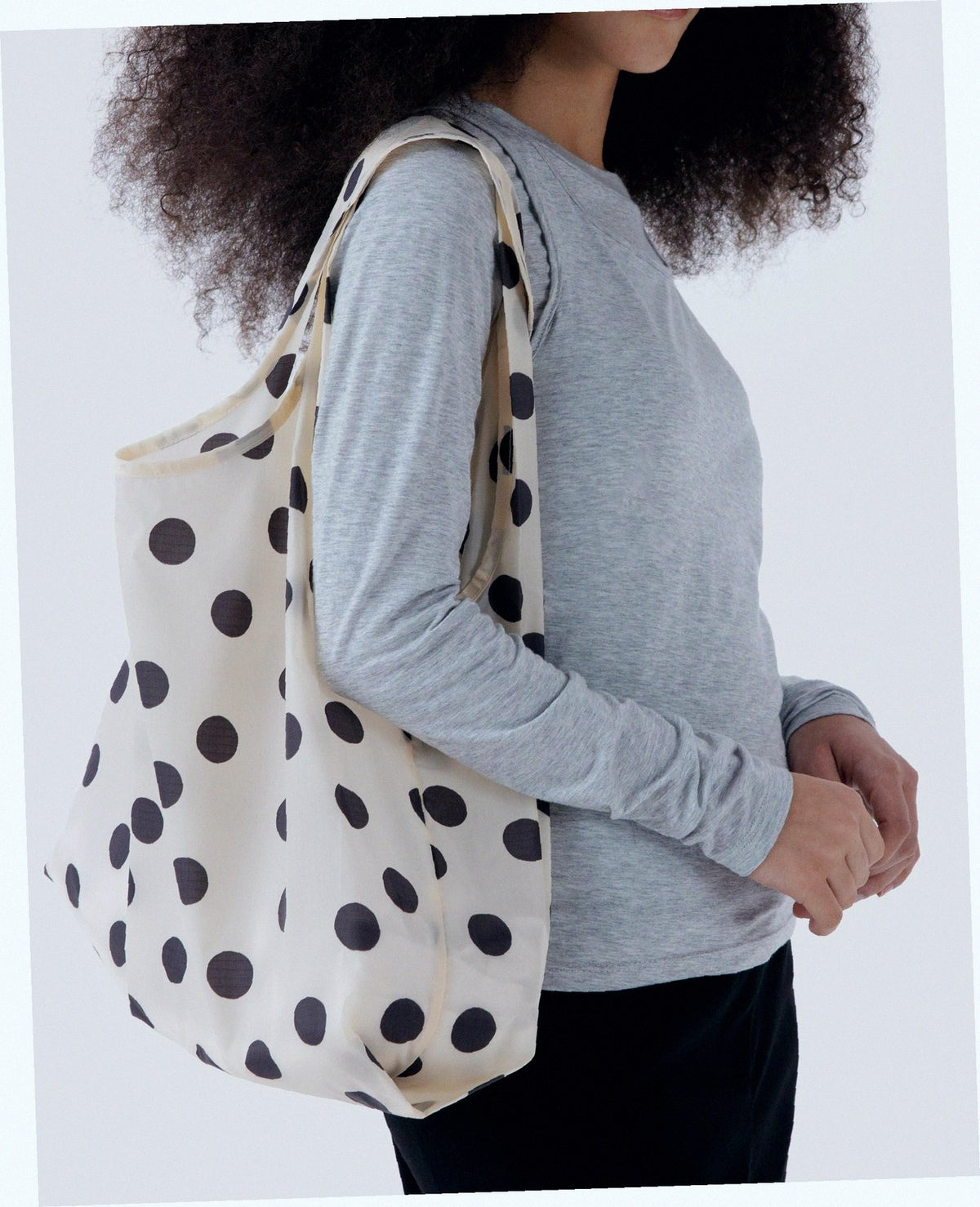 Reusable Nylon Baggu Tote Bag - Cream and Black Polka Dot
